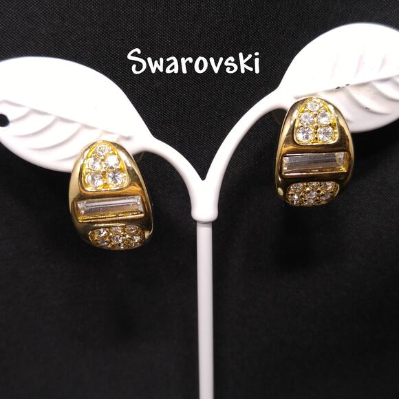 Vintage Savvy by Swarovski Gold Tone Earrings Clear Crystal 1980s on Card - Picture 1 of 10